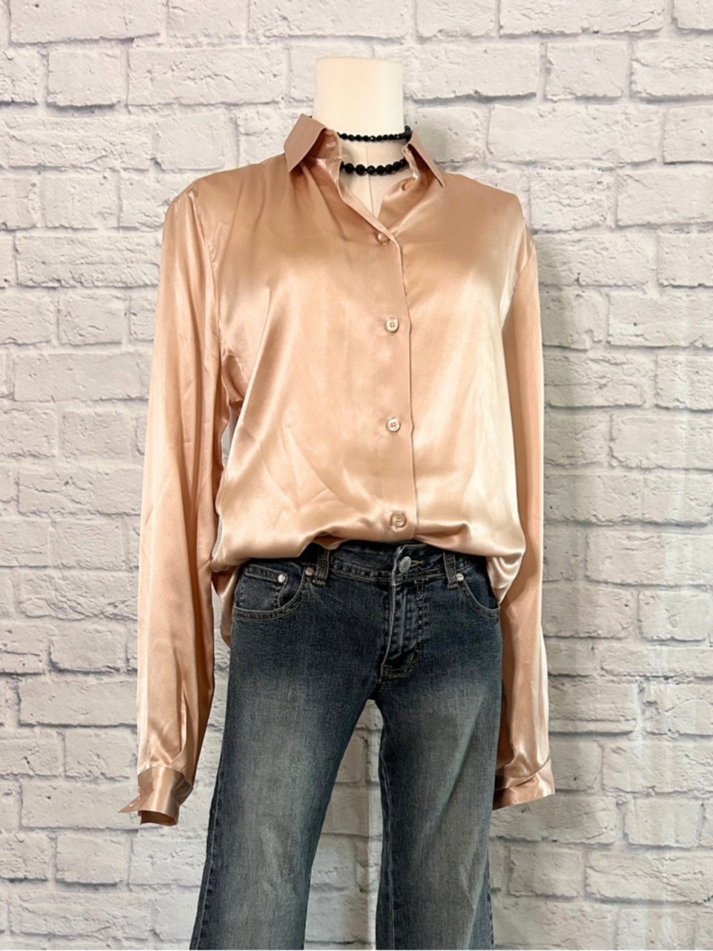 Giorgio Armani 100% Silk Button-Down Shirt Champagne Blush Long Sleeve Office